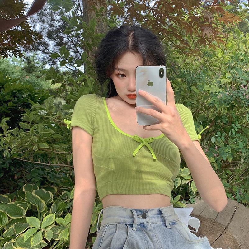 

Women' T Shirts Woman TShirts 2022 Summer Top Women' Bow T-shirt Short Sleeve Knitted Crop Mujer Camisetas, Blue