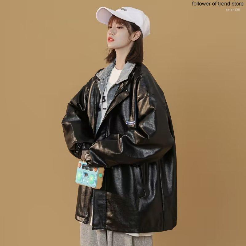 

Women's Leather PU Jacket Women's 2022 Spring And Autumn Vacation Two Side American High Street Short Motorcycle Jackets Loose, Black