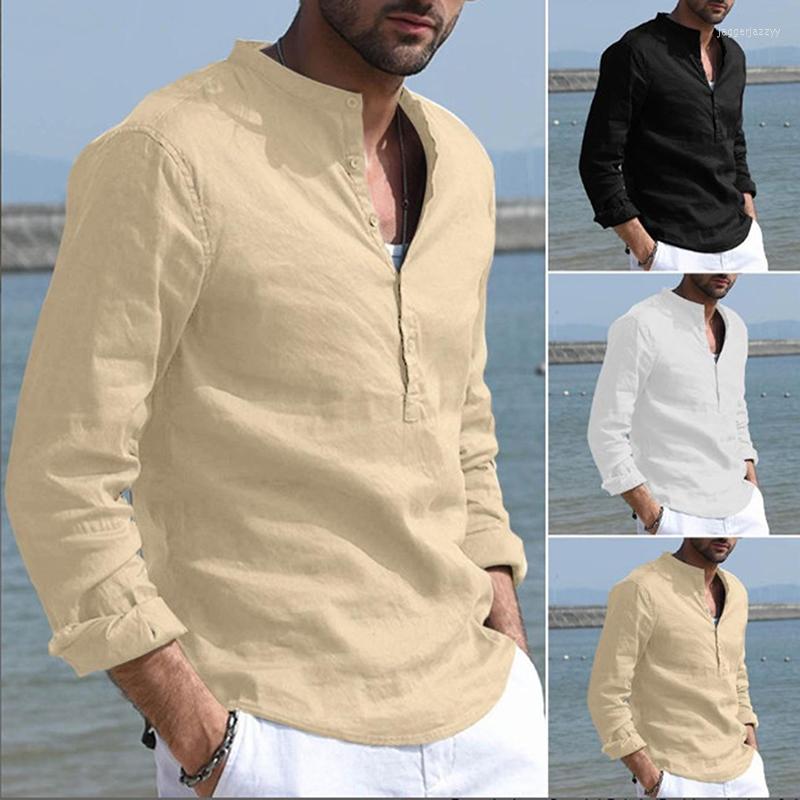 

Men's Casual Shirts GAOKE Men's Baggy Cotton Linen Shirt Solid Long Sleeve Button Retro Tops Blouse, Khaki