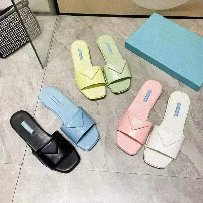 

2022 Top Quality Fashion Designer Women Ladies Slippers Triangle Buckle Flat Leather Cowhide Gentle Slippers Outdoor Luxury Vacation summer beach shoe Y4PX#, 10