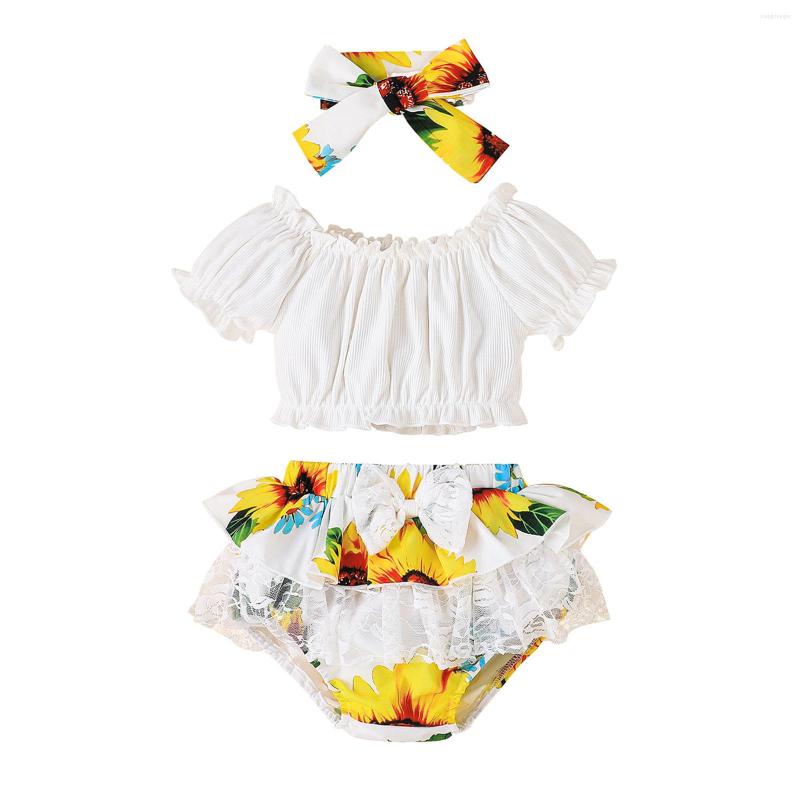 

Clothing Sets Born Baby Girl Three-Piece Outfits Short Sleeve Solid Color Crop Tops Sunflower Printed Shorts Decorative Hairband, Picture shown