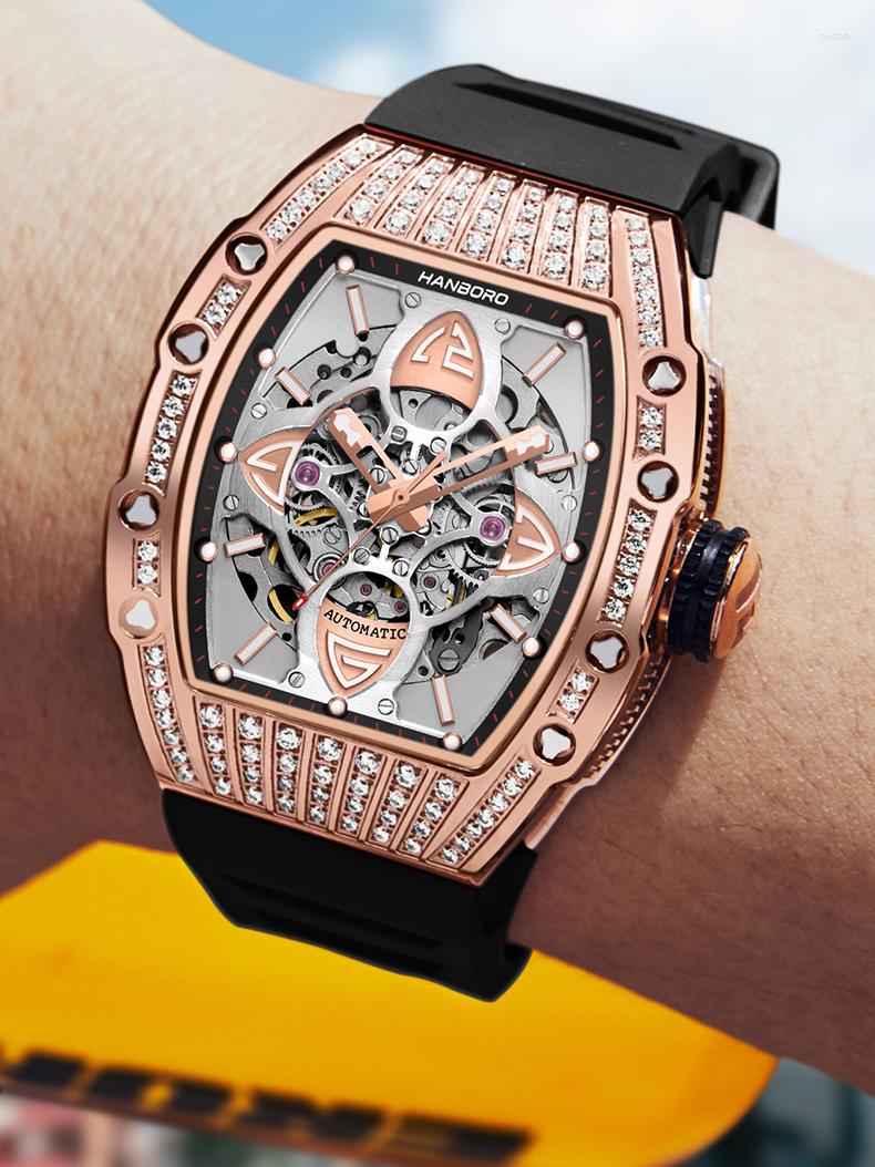 

Wristwatches HANBORO 2022 Design Luxury Mens Watch Automatic Watches Mechanical Skeleton Luminous Sports Business MAN Wristwatch