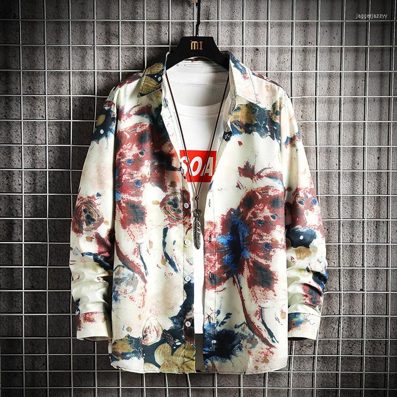 

Men's Casual Shirts Hawaiian Style Hip Hop Tie Dye Snap Button Long Sleeve Mens Print Men Slim Fit