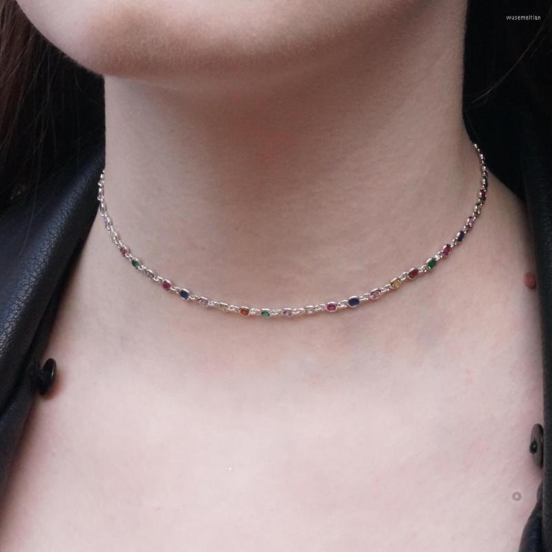 

Pendant Necklaces Fashion Stunning Rainbow Colorful Jewelry Gold Filled Round Bezel Cz Station Link Chain Color Choker Necklace For Women