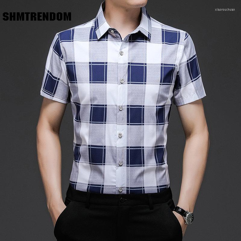 

Men's Casual Shirts Colorful Plaid Print Fashion Classic Short Sleeve Dress Shirt Men Summer Quality Mercerized Cotton Smooth Thin Chemise, As picture1