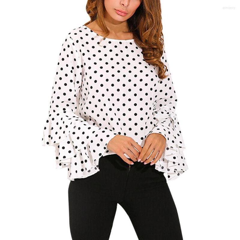 

Women' Blouses Summer Fashion Women' Blouse Flare Sleeve Loose Polka Dot Shirt Ladies Casual O Neck Party Tops Autumn Blusas Mujer, White