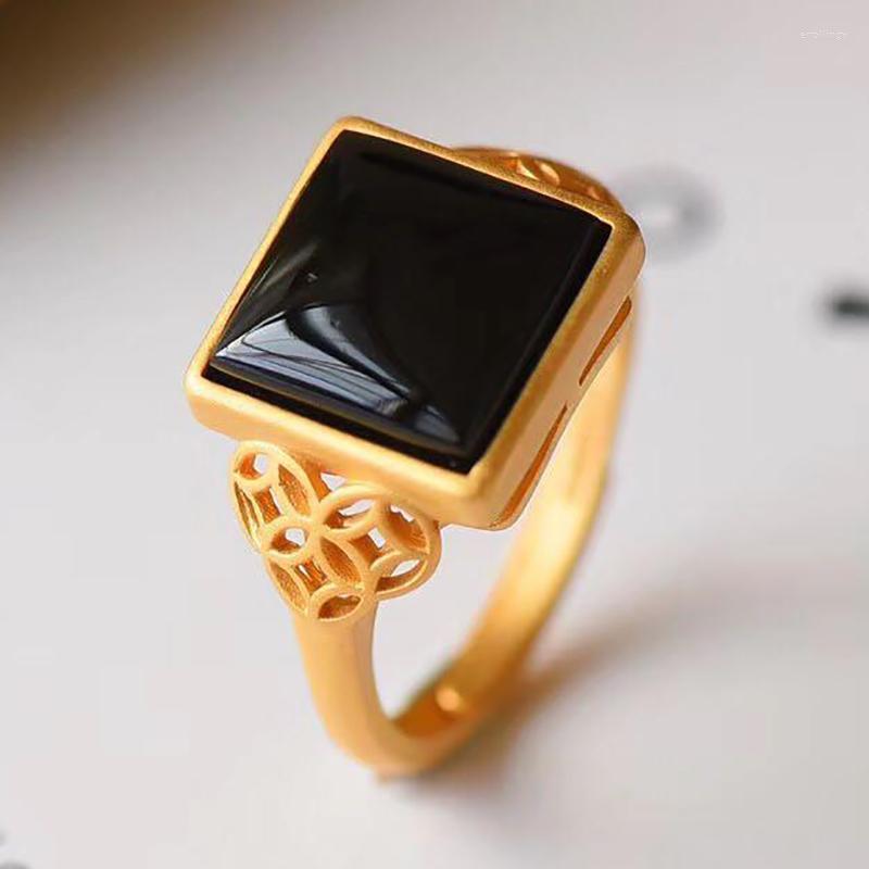 

Cluster Rings Natural Hetian Black Jade Square Ring Retro Noble Mysterious Temperament Elegant Opening Adjustable Ladies Jewelry