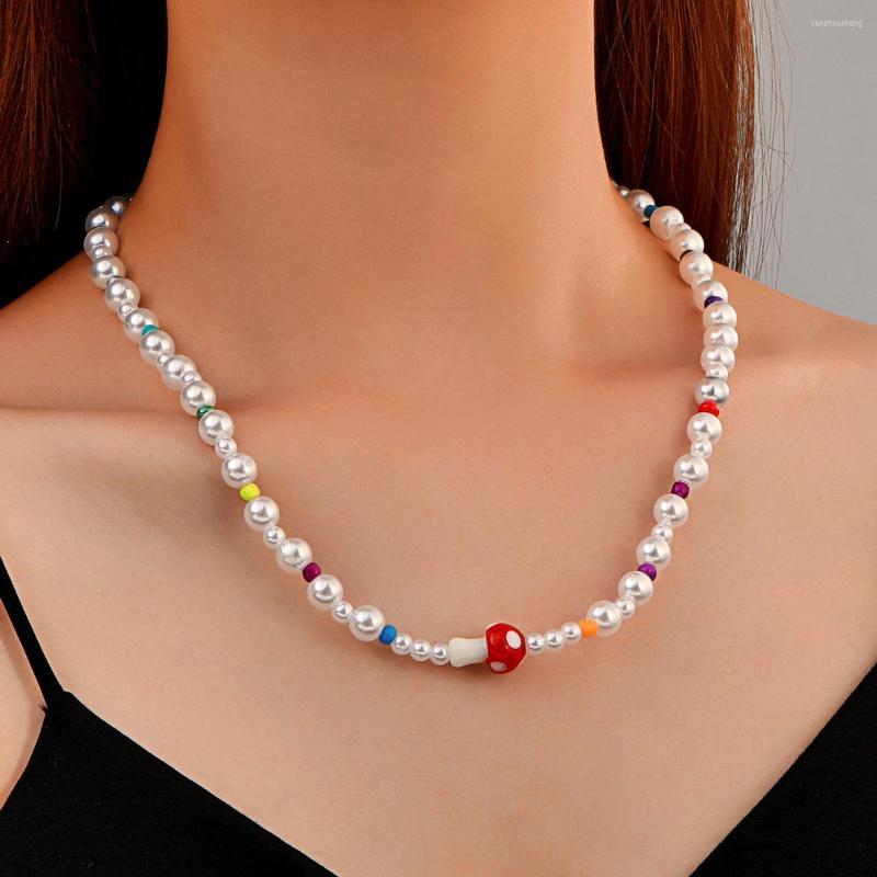 

Choker Creative Pearl Necklace Cute Red Mushroom Necklaces Colorful Beaded For Men Women