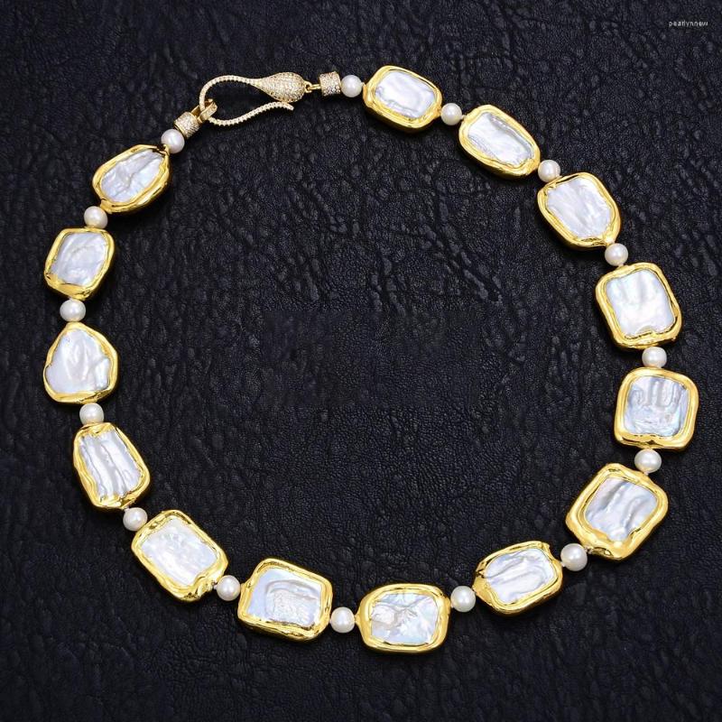 

Chains 18.5" White Square Keshi Pearl Gold Color Plated Chokers Necklace
