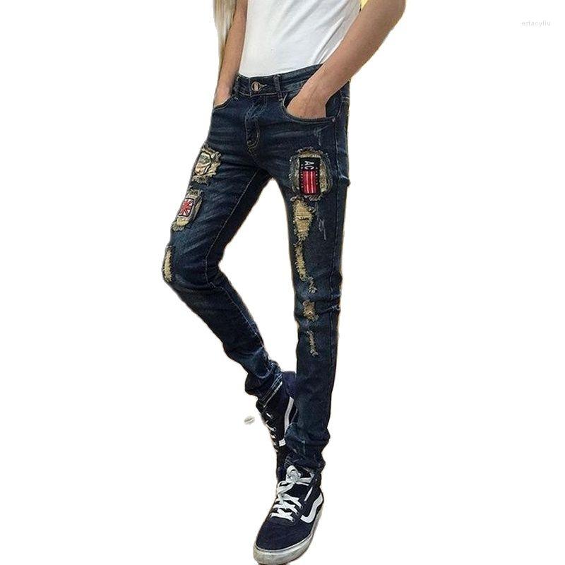 

Men's Pants Fashion 2022 Ripped Jeans Men Korean Youth Trend All-match Tight Elastic Patch Frayed Beggar Foot Teenager Man Pencil, Blue