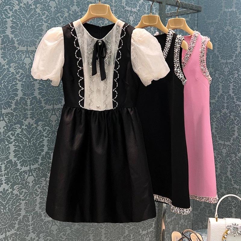 

Casual Dresses Super Quality Female Bow Bubble Sleeve Beaded Diamond Black Slim Princess Nail Bead Dress Summer Style
