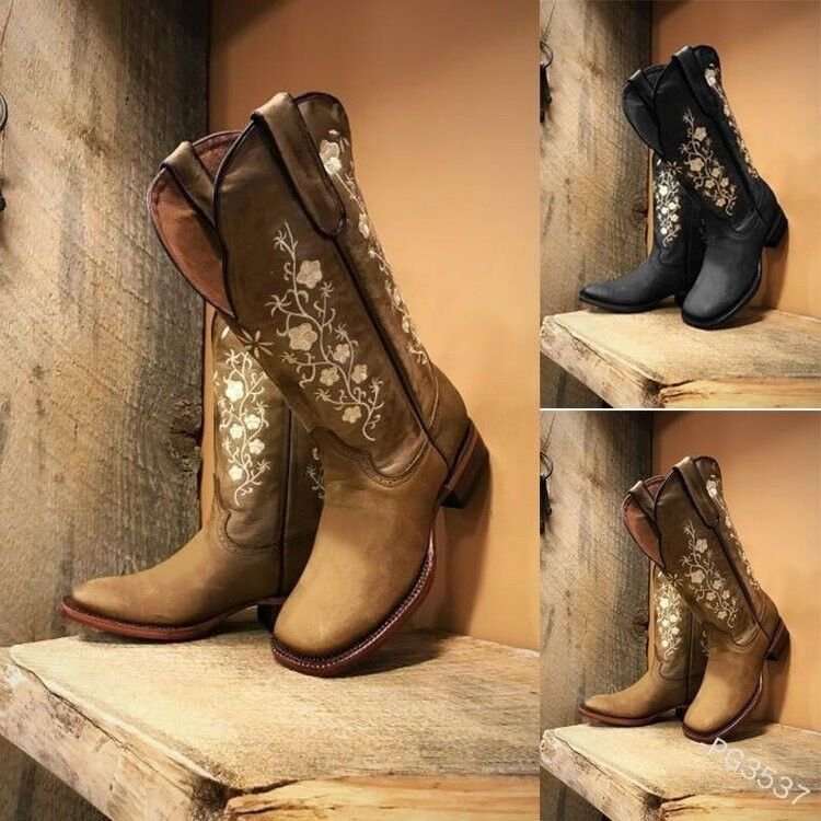 

Large Size Women Boot Vintage Embroidered Round Toe Thick Heel Knight Boots, Black