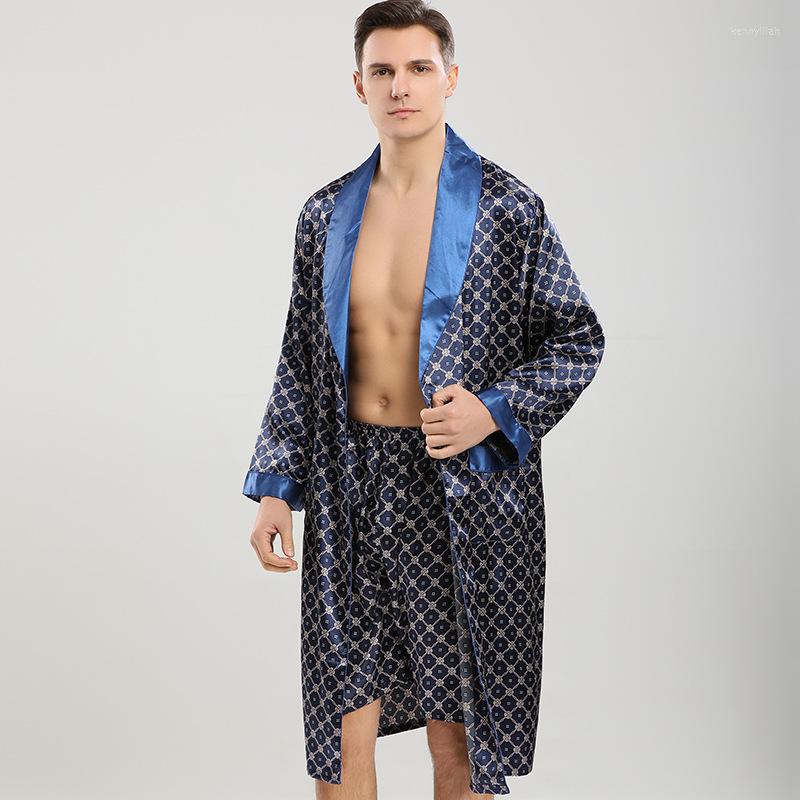 

Men' Sleepwear Navy Blue Men Satin Nightgown 2pcs Robe Shorts Suit Kimono Gown Summer Casual Home Dressing Plus Size 3XL, Silver