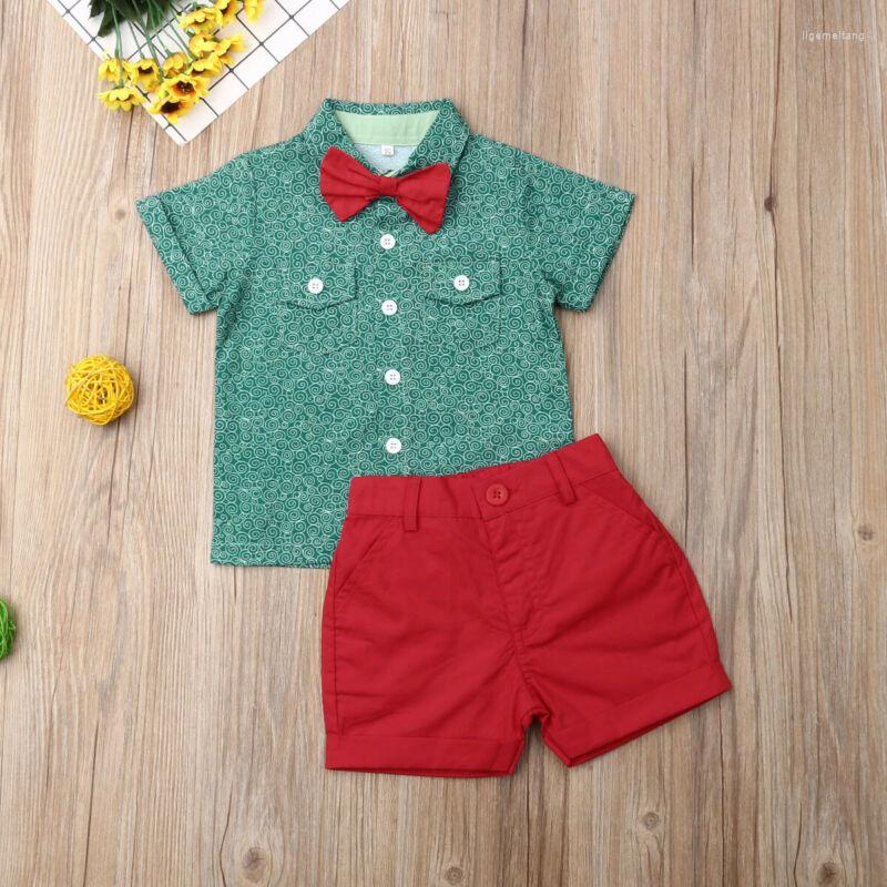 

Clothing Sets Gentleman Kids Baby Boy Clothes Set Xmas Toddler Bowtie Short Sleeve Green Shirt Tops Red Shorts Outfit Formal 2pcs