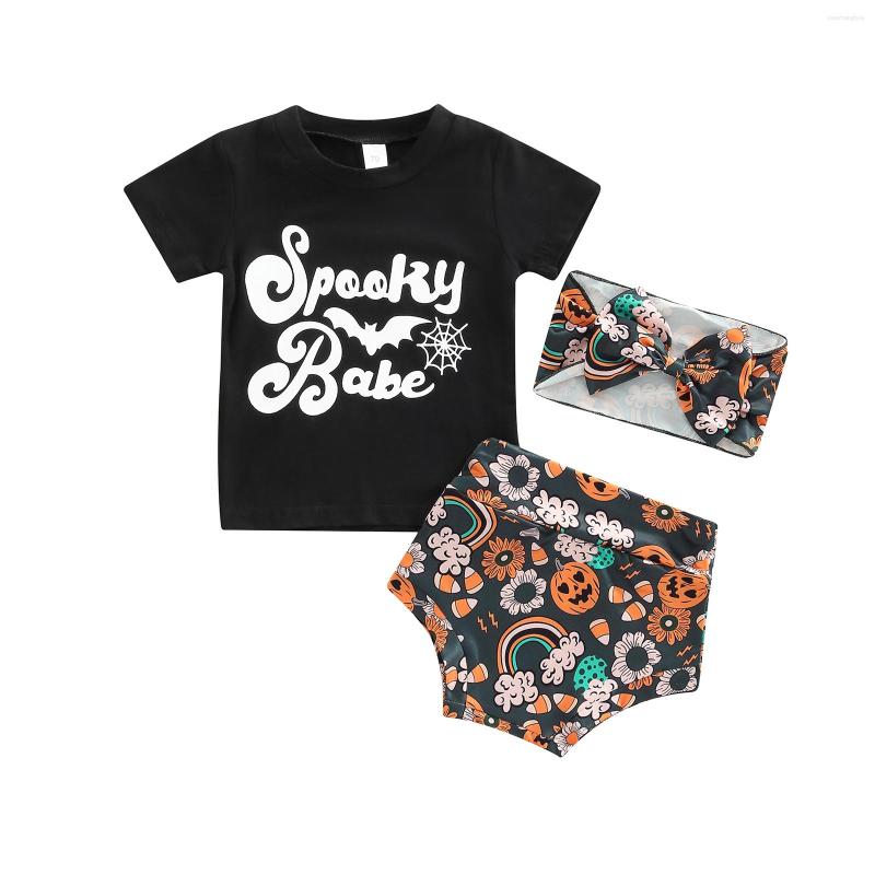 

Clothing Sets Infant Baby Girls Halloween Shorts Set Short Sleeve Letters Print T-shirt Pumpkin Bowknot Hairband 0-3T, Picture shown