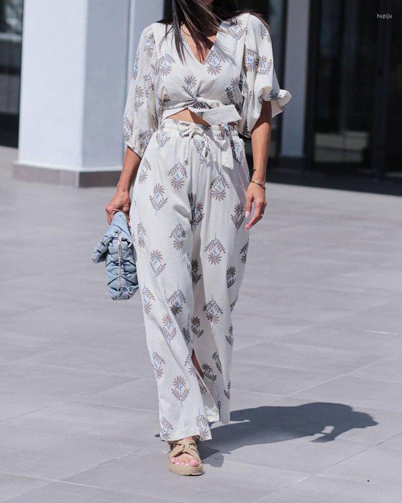 

Women' Two Piece Pants DPSDE 2022 Women Autumn Print V-neck Five Point Lantern Sleeve Shirt High Waist Split Wide Leg Set, White