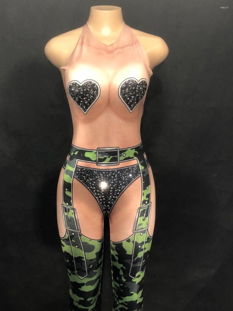 

Stage Wear 2022 Fashion Women 3D Printed Camouflage Sexy Jumpsuit Sleeveless Bodysuit Nightclub Party Performance Clothed, Picture shown