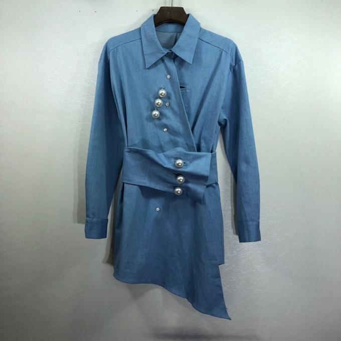

Women' Blouses 2022 Arrival Fashion Brand Diamond Pearl Beading Irregular Shirts Female Wrinkle Design Denim Fabric Tops With Belt Wq1081, Blue
