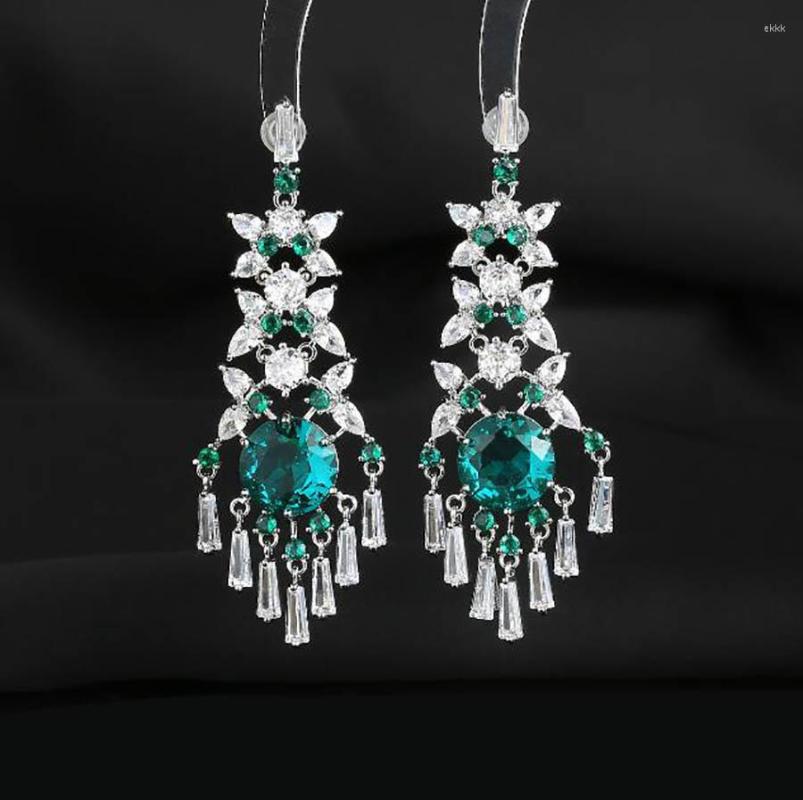 

Dangle Earrings Long Tassel Flower Luxury High-end For Women Classic Green Zircon Bridal Wedding Fine Jewelry