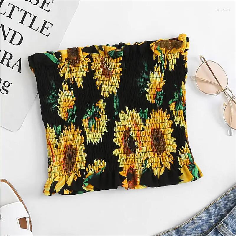

Women' Tanks Fashion Women Boho Tube Top Sunflower Print Bustier Ruffle Crop Wrapped Chest Vest Tee Shirt T-shirt Ladies Shirts, As photo shows
