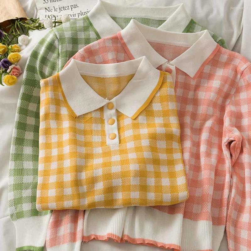 

Women's Sweaters 2022 Autumn Vintage Sweet Women Pulllovers Korean Long Sleeve Plaid Sweater Preppy Style Turn-Down Collar Knitted Sueter, Green