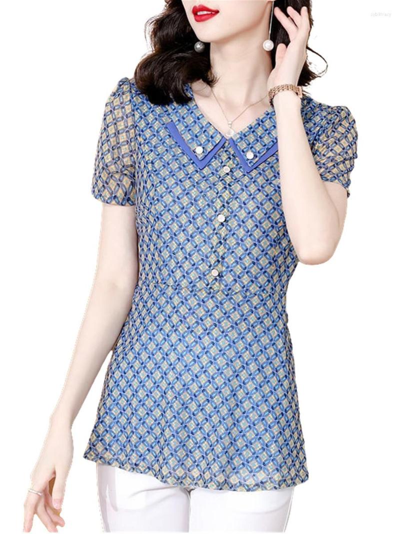 

Women's Blouses 5XL Women Spring Summer Shirts Lady Fashion Casual Short Sleeve Turn-down Collar Lattice Printing Blusas Tops MM2041, Blue