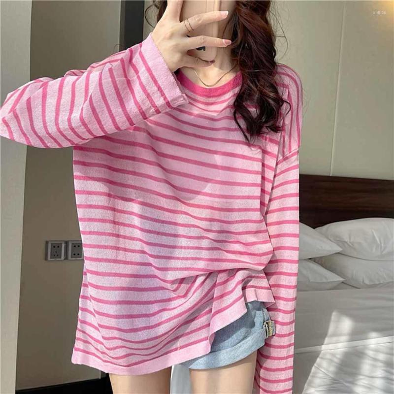 

Women's T Shirts Korean Chic Loose Striped Thin See Through T-shirts Women Summer Casual O Neck Long Sleeve Harajuku Soft Tees Outwear Top, Black