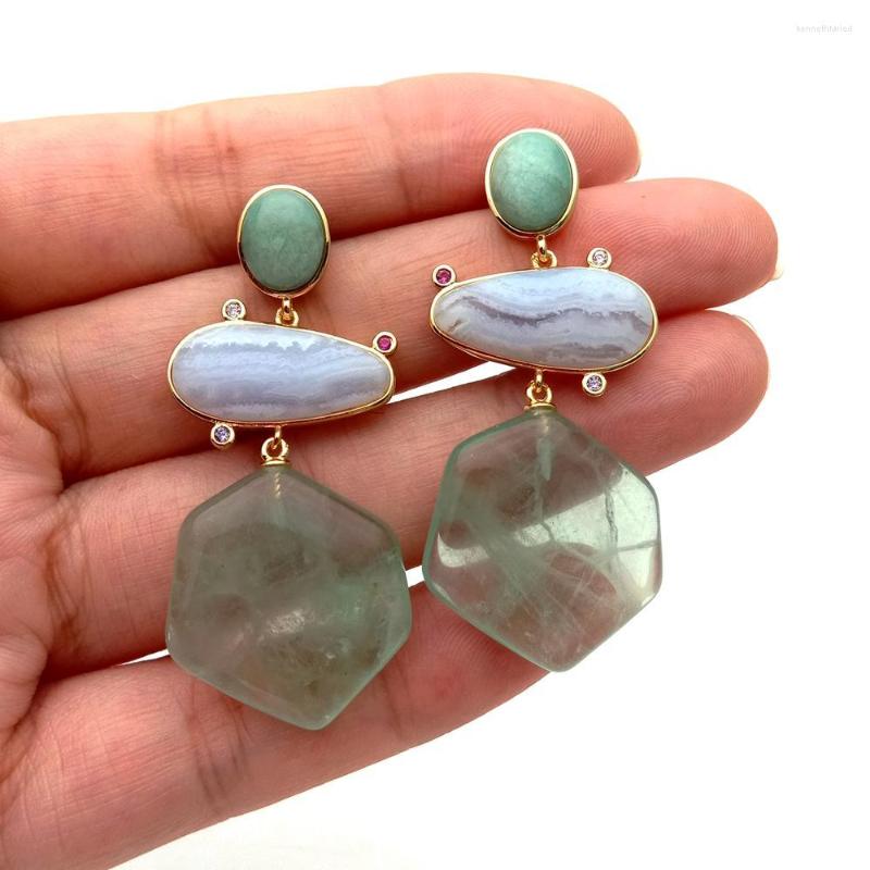 

Dangle Earrings YYGEM 23x25mm Hexagon Shape Green Amethyst Amazonite Lace Agate Stud