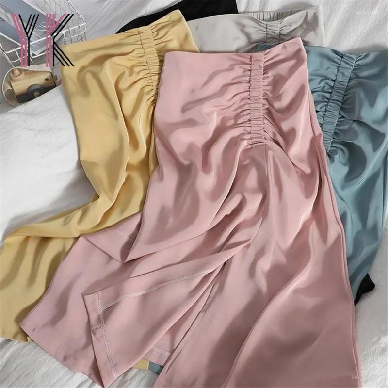 

Skirts Slit Pink Elastic Pleated Midi Skirt Summer Elegant Korean Fashion Thin Solid Candy Color Long 2022 Clean Sweet Women Saia, Gray