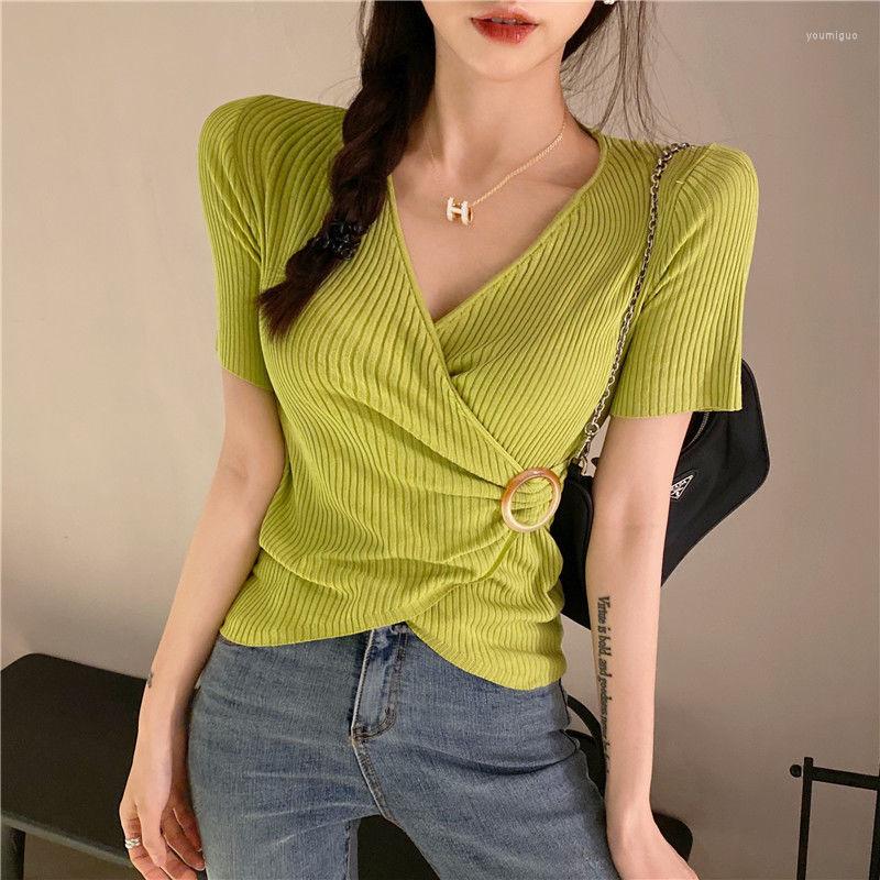 

Women' T Shirts Woman TShirts T-shirt Women' Short-Sleeved Summer V-neck Knitted High Waist Top Crop Mujer Camisetas, Green