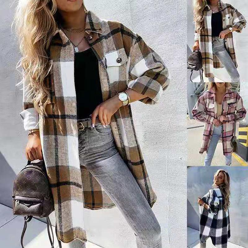 

Women' Jackets Harajuku Plaid Long Coat Women 2022 Autumn Winter Lapel Retro Red Gray Jacket Female Plus Size Loose Sleeve