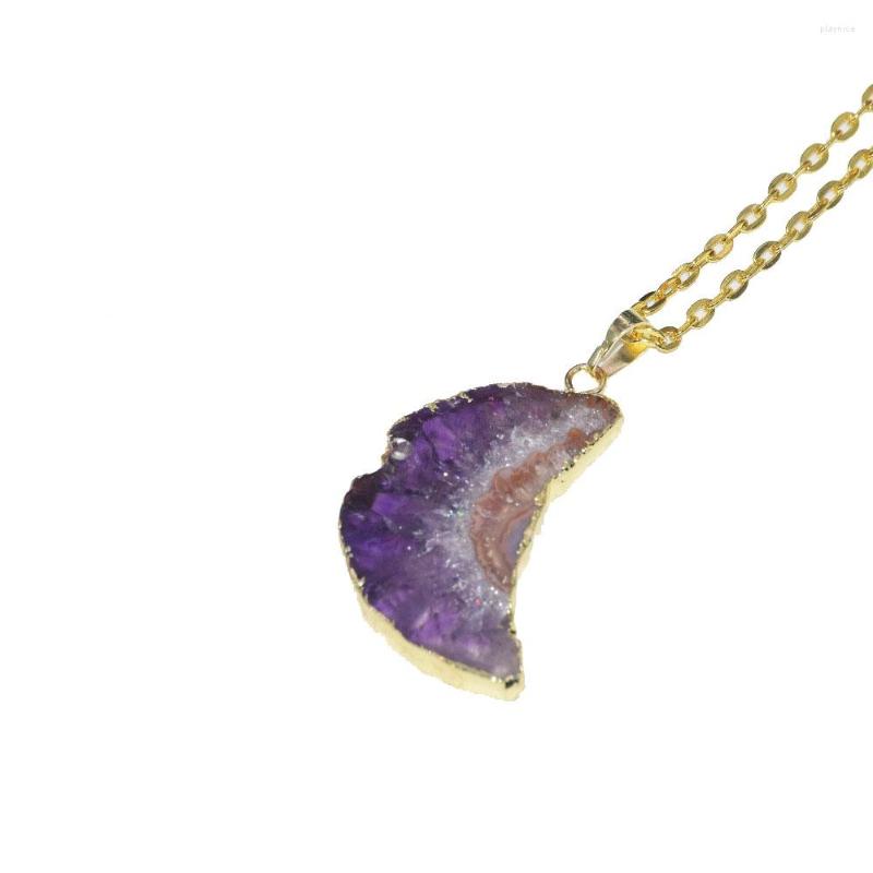

Pendant Necklaces Fashion Jewelry Natural Purple Crystal Quartz Slice Moon Chain Necklace Geode Druzy Stone Horn Women