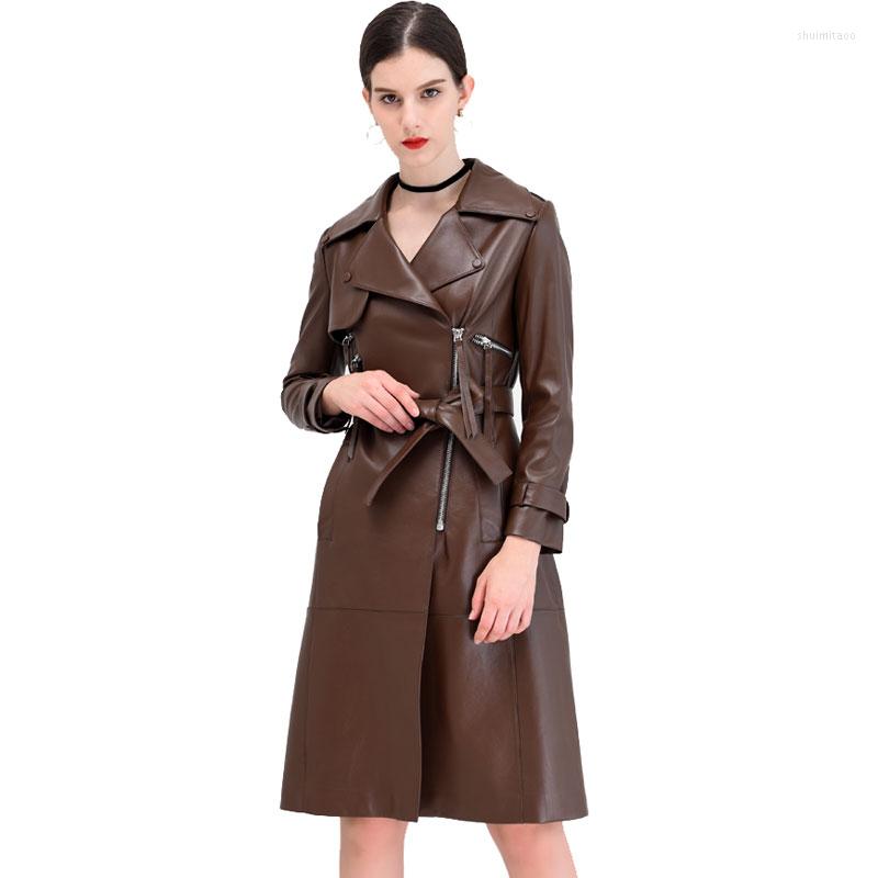 

Women' Leather 2022 Spring Fashion Brand Pu Zipper X-longer Jacket Female Long Sleeve Great Quality Wj1927 With Belt, Light tan