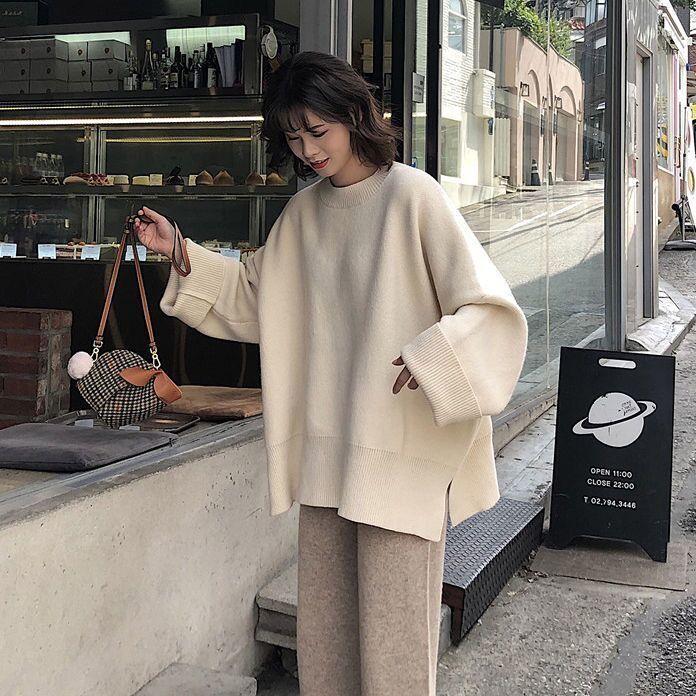 

Women's Sweaters Woman Chandails Autumn And Winter Slit Loose Sweater Women's Long-Sleeved, Black