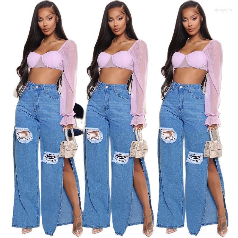 

Women's Jeans Women's Ladies High Street Big Size Ripped American Net Red Boyfriend Loose Straight-leg Quality, Blue