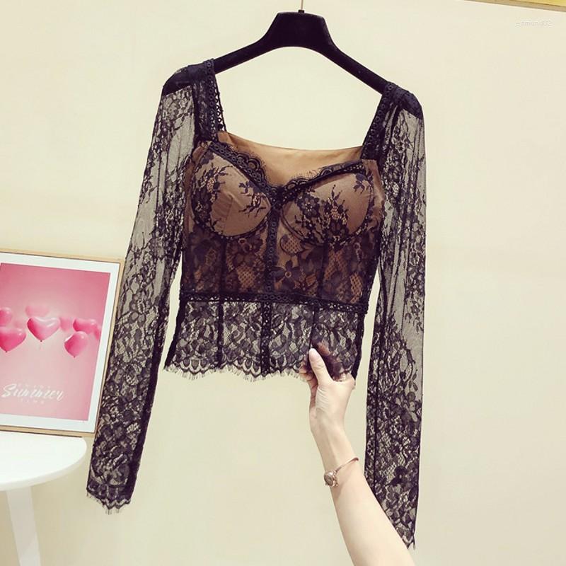 

Women' Blouses Sexy Crocheted Perspective Lace Shirt With Chest Pad For Women Top 2022 Autumn Slim Long Sleeve Short Blace Shirts Blouse, Black