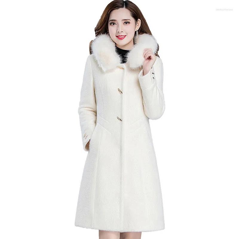 

Women's Fur 2022 Winter Imitation Mink Velvet Coat Women's Mid-Length Hooded Slim-fit Big Collar Thick Warm Plush Coats Female, Beige