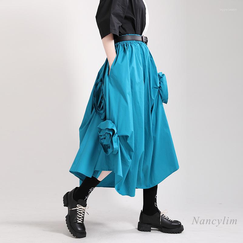 

Skirts Irregular Layered Personalized Pleated Mid-Length Skirt Women Elastic Waist Big Flower Lady Jupe Femme, Black