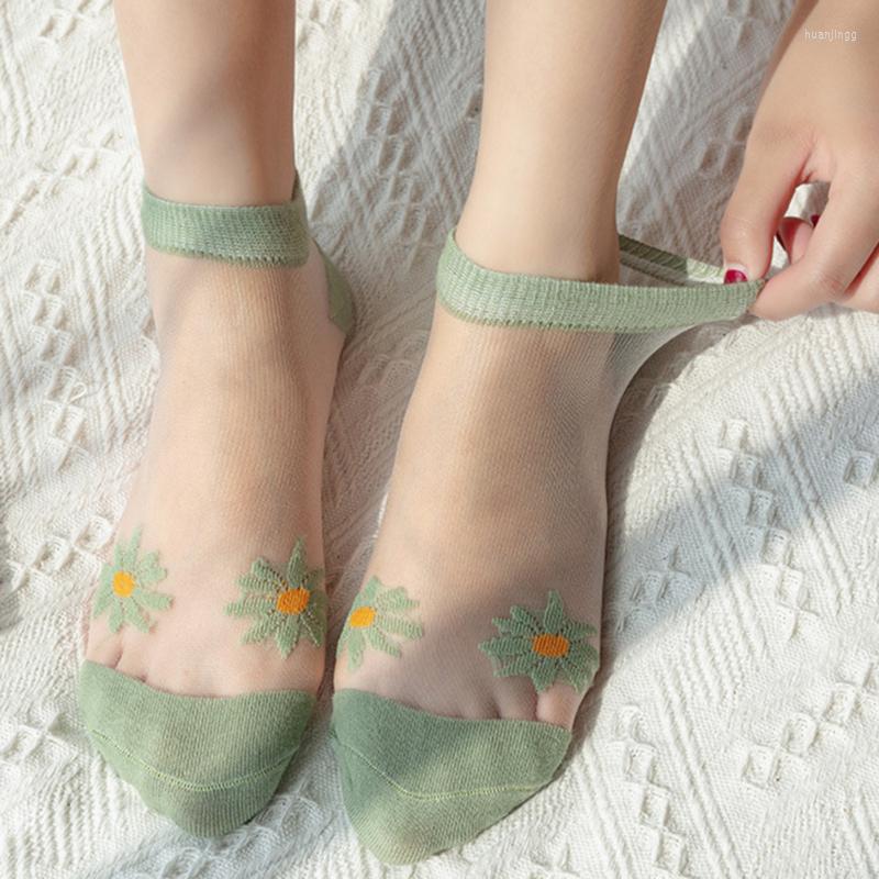

Women Socks Summer Crystal Transparent 5 Pairs/Pack High Quality Slim Lady, Green