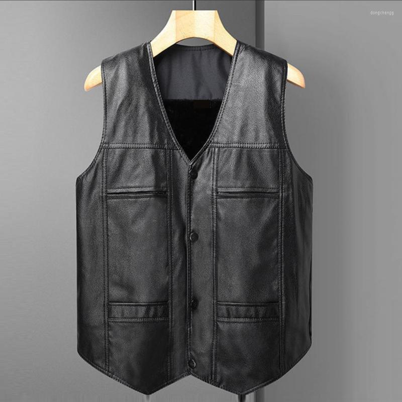 

Men's Vests Vest Coat Single Breasted Windproof Faux Leather Plush Lining Buttons, Black