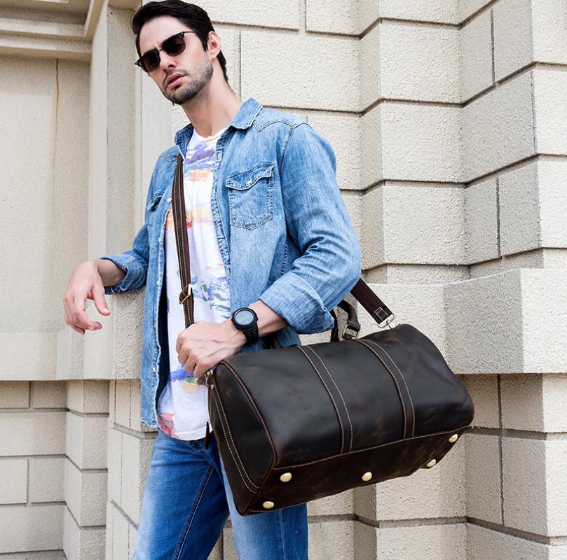 

Duffel Bags Business Travel Men Big Handbag Genuine Leather Male Luggage Shoulder Bag Cowhide Large Capacity Weekend Tote, Auburn