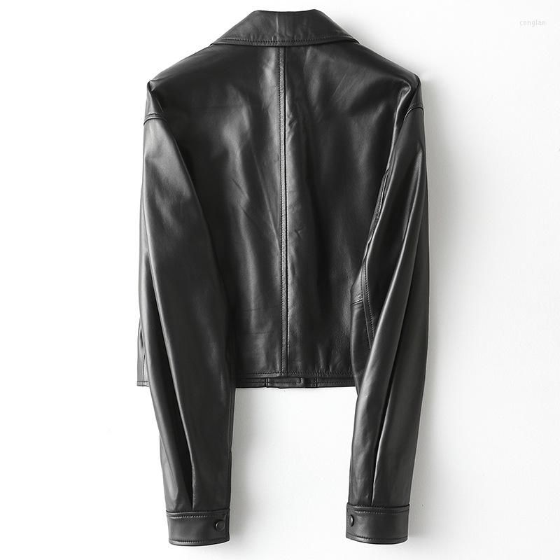 

Women's Leather Black 2023 Short Genuine Jacket Women Soft Lambskin Real Coat Ladies Casual Single Breasted Overcoat