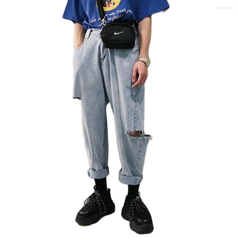 

Men' Pants Wholesale 2022 Fashion Vintage Ripped Hole Men' Loose Brand Cargo Baggy Trousers Korean Teenagers Blue Denim Harem
