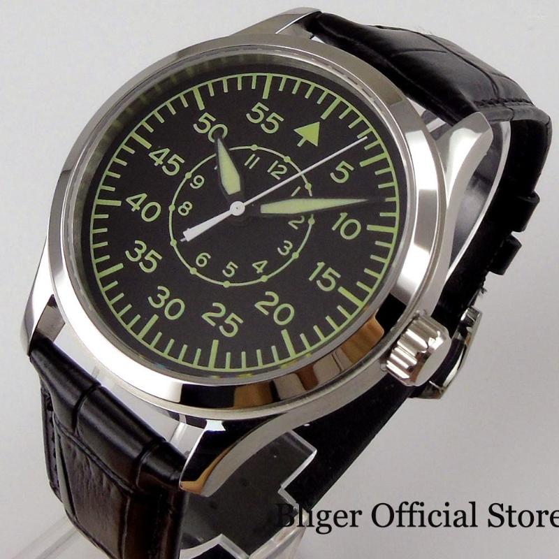 

Wristwatches 21 Jewels 8215 Automatic Men Watch Green Luminous Marks Glass Back Steel Case Screw Crown Leather Band Sapphire Crystal, Seagull 1612