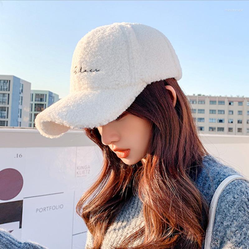 

Ball Caps Wild Lamb Wool Women's Baseball Fashion Letter Embroidery Winter Thick Warm Cap Solid Color Adjustable Plush Peaked Hat, White