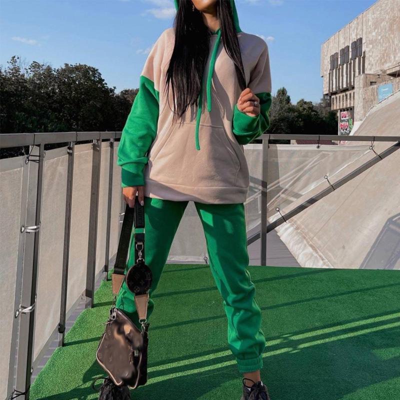 

Women' Two Piece Pants Elegant Colour Blocking Sportswear Outfits Women Casual Long Sleeve Loose 2Pc Suits Fashion Hooded Sweatshirt, 02 green