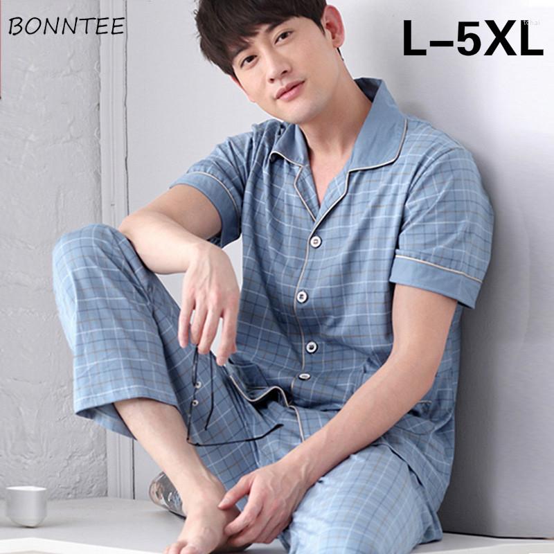

Men's Sleepwear Men Pajama Sets Plus Size 5XL Plaid Summer Short Sleeve Single Breasted Male Cotton Loose Soft All-match Korean Style, B911