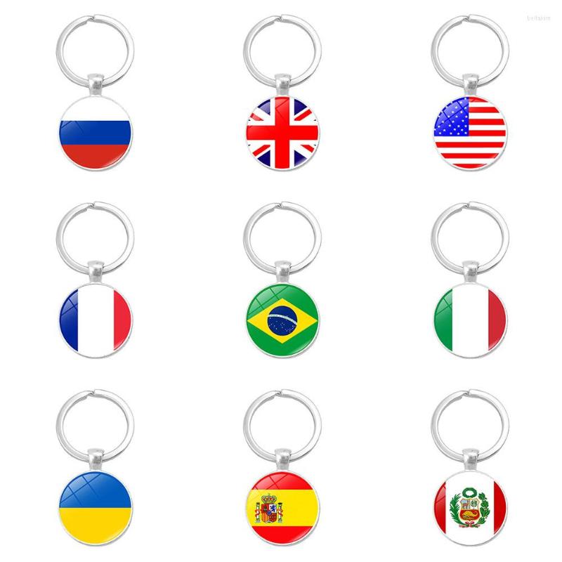 

Keychains Russia Flag Keychain For Men Women Round Glass USA UK Ukraine Brazil France Spain National Keyring Metal Jewelry