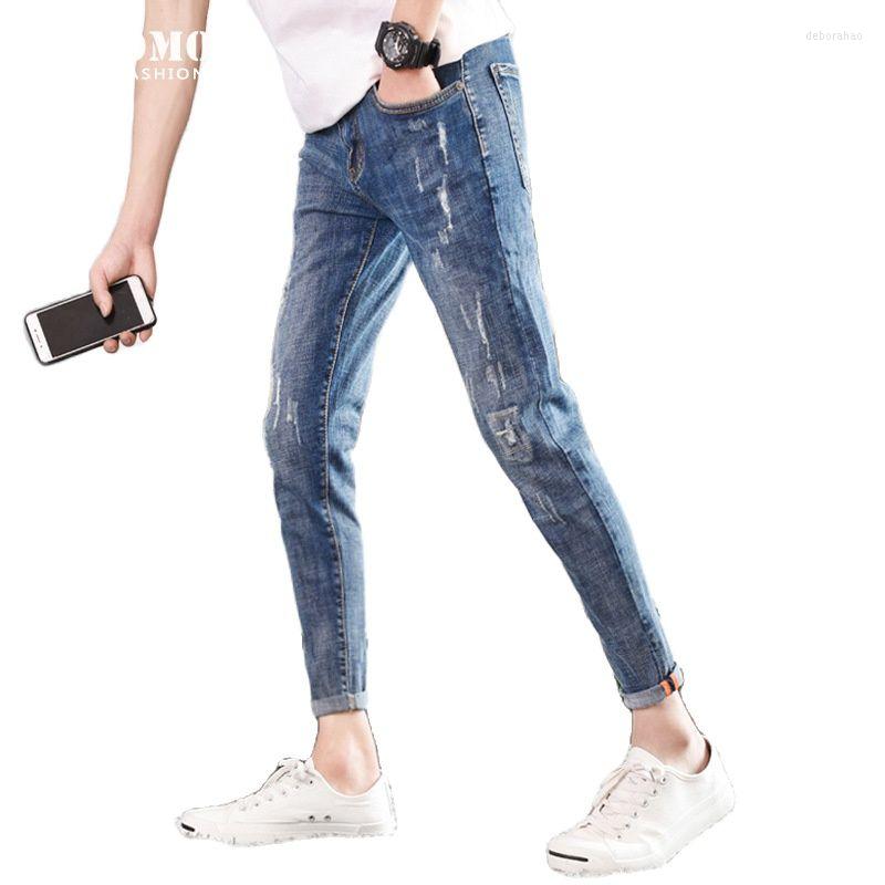 

Men's Pants Fashion Teenager Brand Stretch Korean Ripped Holes Casual Feet Ankle Length Pencil Men's Denim Jeans For Men 2022 Trousers, Blue