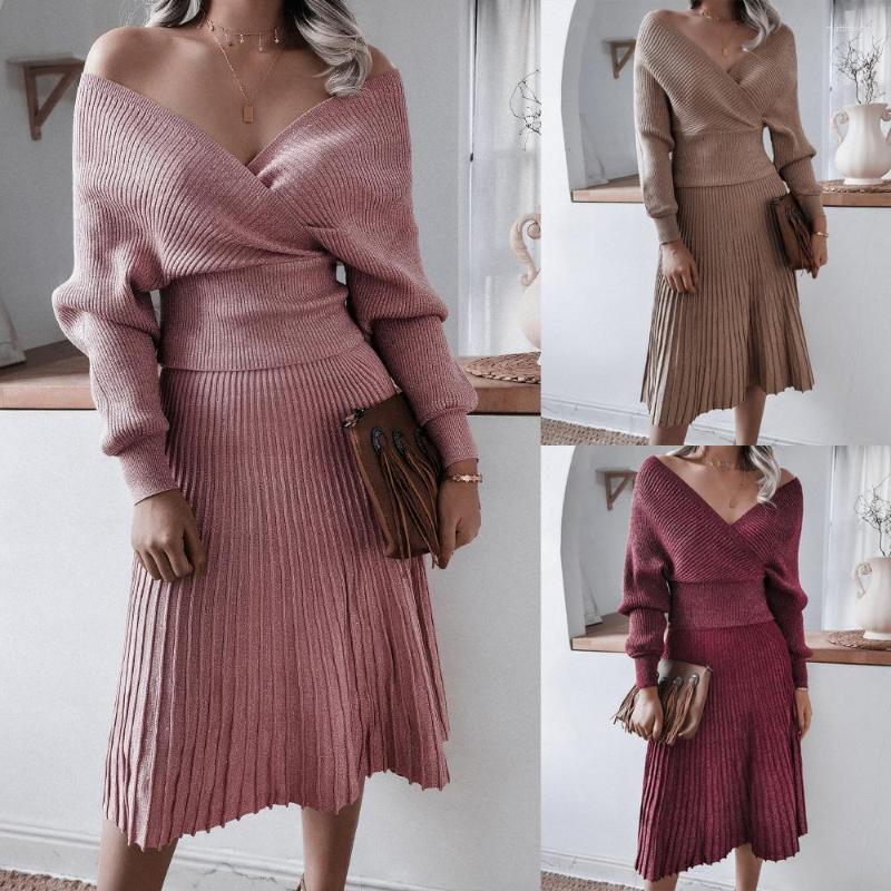 

Work Dresses 2 Pcs Sale Sweater Sets Casual Sexy V Neck Long Sleeve Knited Pullover Tops Autumn Elastic Pleated Knitwear Skirt Suits, Pink